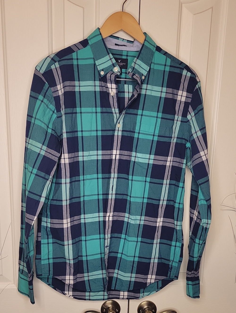 American Eagle Outfitters Teal and Navy Plaid Button-Down Shirt